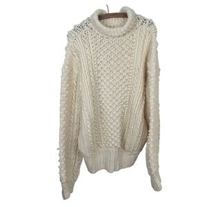 Oversized Unisex Cream Chunky Hand Knit Turtleneck Sweater Cable, Sz XL